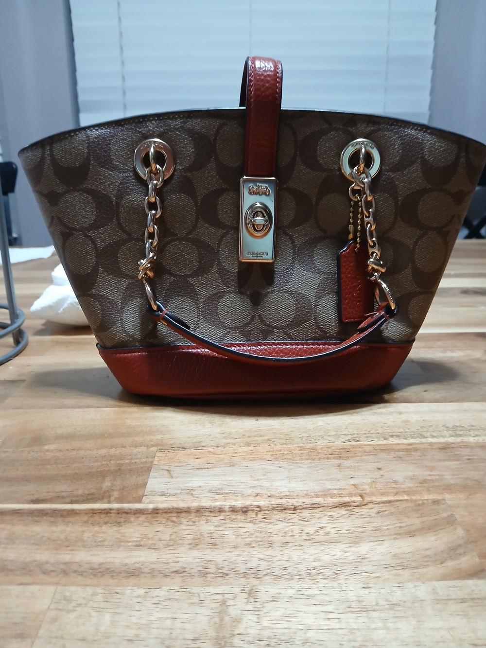 Coach Brown Signature Canvas Tote with Red-Brown Leather Trim